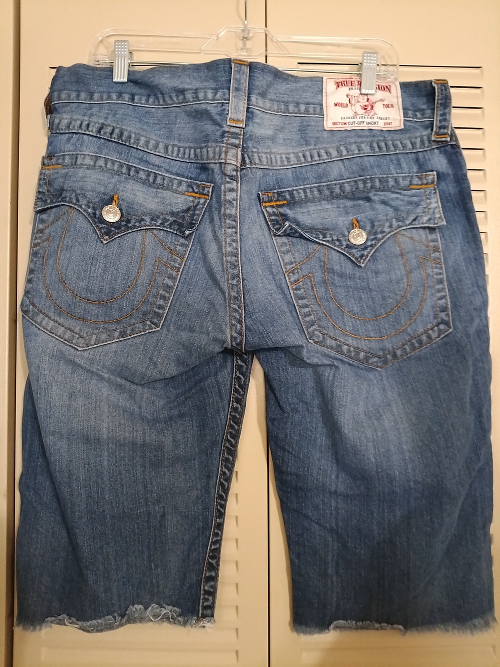 True Religion Distressed Blue Denim Cropped Shorts - Picture 2 of 3